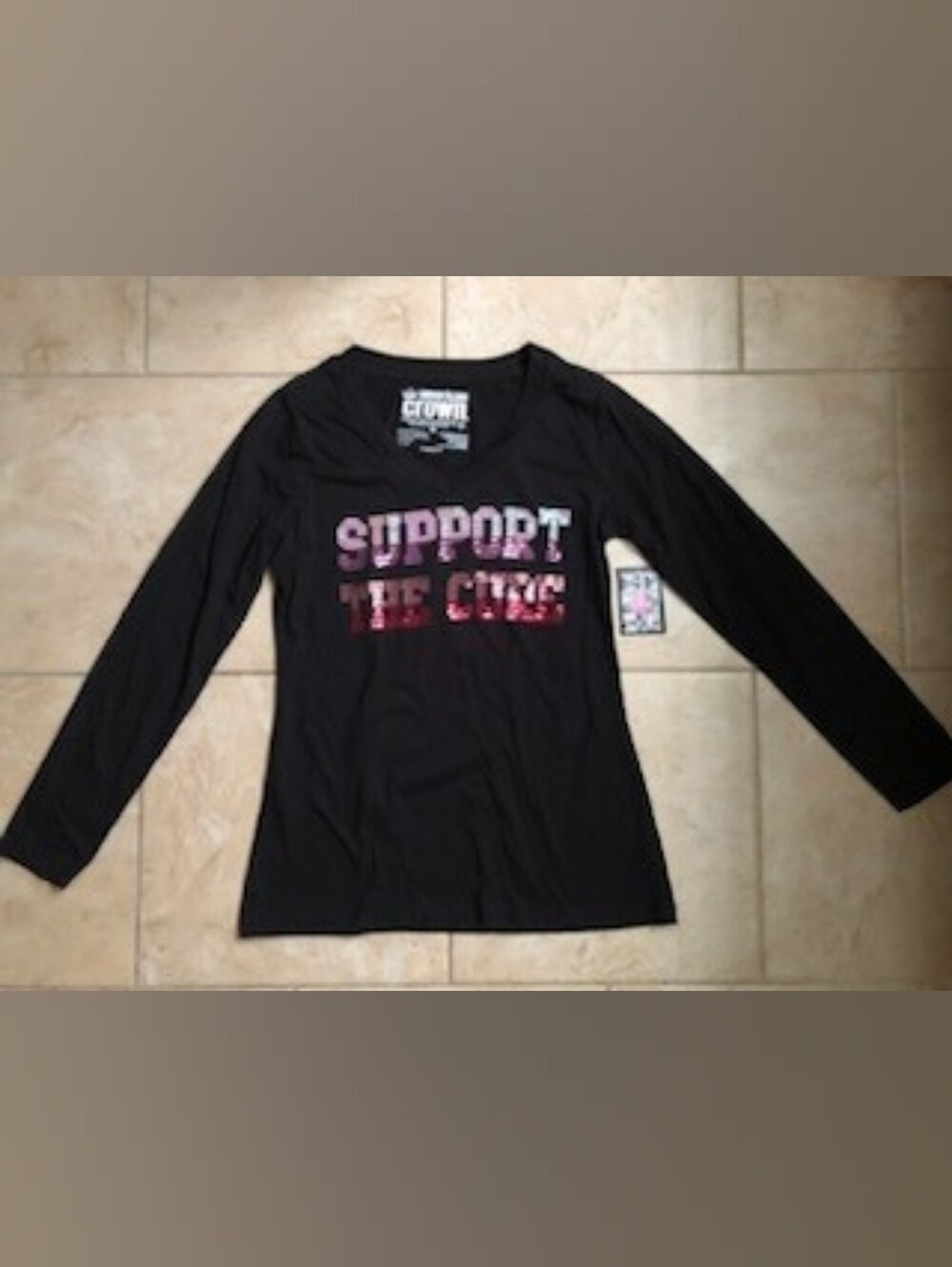 Support The Cure Breast Cancer Awareness Women's Black Long-Sleeve Graphic Tee